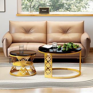 2er-Set runder Couchtisch aus Marmor-Furnier mit Metallrahmen & Kontrastdesign, 70x70x45 cm + 45x45x37 cm