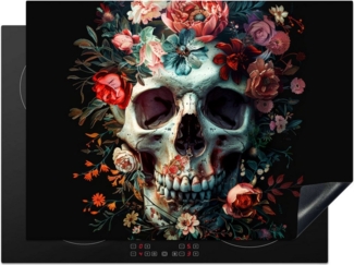 MuchoWow Herd-Abdeckplatte Totenkopf - Blumen - Rosa, Vinyl, (1 tlg), Cerankochfeld Abdeckung, Herd Abdeckplatten Vinyl, 58x59 cm