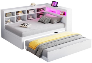 REDOM Stauraumbett Multifunktionales Schlafsofa Daybett Tagesbett Kinderbett (Ausziehbares Bett mit USB-Steckdose & LED-Licht, Regale und Ablagefächer, Viel Stauraum, Multifunktionales Einzelbett in Weiß für moderne Räume, 90x200cm(90x190 cm), ohne Mat...