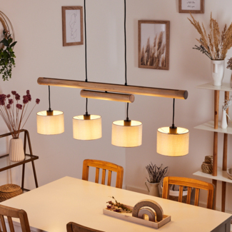 hofstein Hängeleuchte »Vallicchio« Pendellampe aus Metall und Holz in Schwarz/Natur, ohne Leuchtmittel, Lampe mit Stoffschirmen in Grau mit verstellbaren Holzbalken, 4xE27