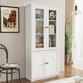 Flieks Hochschrank mit Glastüren/Holztüren (B80/T34/H171 cm, 1-St, für Wohnzimmer, Schlafzimmer, Esszimmer, Büro und Flur) Highboard mit 5 Fächern und Kupfergriffen Vitrineschrank Holzoptik