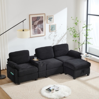 LVHOM 3-Sitzer Sofa mit Hocker, L-Form Ecksofa mit Stauraum, USB-C-Anschluss und 2 Getränkehaltern, modulares Sofa, Schwarz