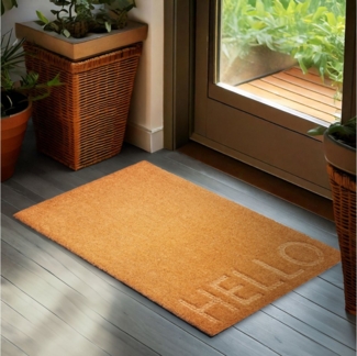 BRUBAKER Fußmatte Hello - 45x75 cm Schmutzfangmatte aus 100% Kokos - 3D Fußabtreter, Rechteckig, Höhe: 16 mm, Türmatte für Außen und Innen - Wetterfest und Rutschfest - Braun