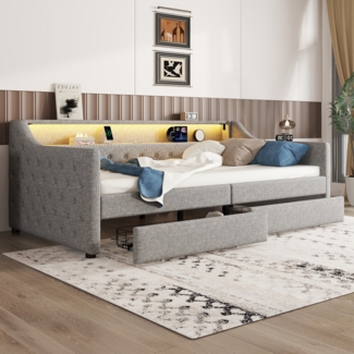 LVHOM Tagesbett 90x200cm mit LED&USB, Daybett mit 2 Schubladen, Schlafsofa mit Stauraum, Einzelbett Polsterbett Jugendbett Kinderbett, Grau