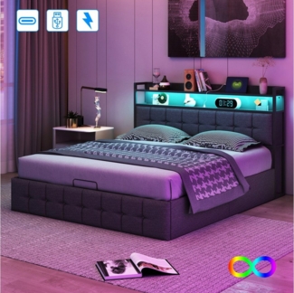 Gdood Polsterbett Stauraumbett Doppelbett LED USB (1 tlg, hydraulisch hebbarem Stauraum), Mit LED-Licht, Nachttisch, Ladefunktion, Lattenrost,Leinen, 160x200 cm