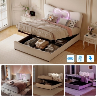 Furnishings Home Polsterbett Stauraumbett LED Kinderbett (Hydraulisch hebbarer Stauraum), Herzform Kopfteil,Mit LED-Beleuchtung, Ladeanschluss, Samt, 160x200 cm