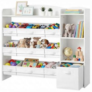 SONGMICS Kinderregal mit 2 offenen Fächern, Kinderregal, 9 mittlere und 1 seitliche Boxen, 30 x 113,1 x 104 cm, weiß
