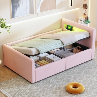 STILVORA Polsterbett 90×200 mit Stauraum,Kinderbett mit LED,Naturlicht,Regal&USB,Samtstoff (mit LED-Licht und USB-Ladeanschluss, Hydraulischem Stauraum & Regal, Samtstoff, Mit verstellbaren Rückenlehnen und Nachtlicht, 90x200 cm), ohne Matratze