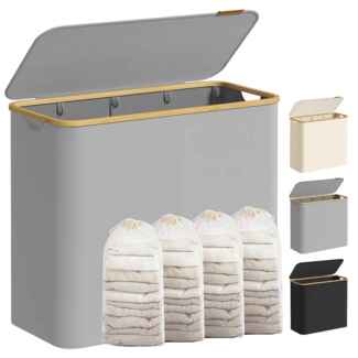 SONGMICS Wäschekorb mit Deckel, Wäschesammler mit 4 Fächern, 200 L, herausnehmbarer Wäschesack, Oxford-Gewebe, Griffe aus Bambus, zusammenklappbar, 78 x 38,5 x 70,5 cm, taubengrau