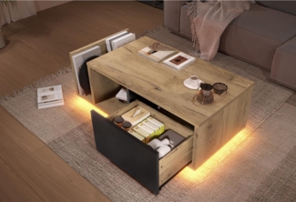 LVHOM Couchtisch Retro Sideboard mit LED & Cleverem Stauraum // Holz-Metall-Design (Stauraum (offenes Fach + Schublade + Trennstege), LED-Steuerung für atmosphärische Akzentbeleuchtung, Robuster Holz-Metall-Rahmen, Beistelltisch, Bar, Sideboard, Roomte...