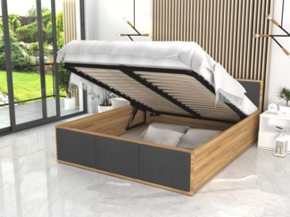 FDM Polsterbett - TOPSELLER mit Lattenrost 120x200, 140x200, 160x200, 180x200 (MADE IN EU - Bettrahmen mit Bettkasten für viel Stauraum, in Grau,Weiß oder Eiche Braun, ideal für Paare), Metallrahmen mit hydraulischer Klappfunktion