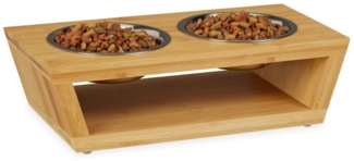 Relaxdays Doppelnapf mit 2 Schalen, Bambus / Edelstahl natur / silber, 35,5 x 18 x 10,5 cm