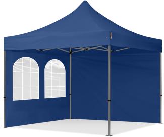 3x3 m Faltpavillon, PREMIUM Stahl 40mm, Seitenteile mit Sprossenfenstern, blau