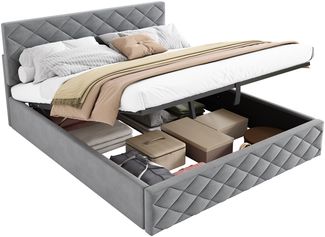 Polsterbett 140x200 cm Samt mit hydraulischem Bettkasten und Lattenrost, schlichtes graues Design, Kopfteil 88–98 cm