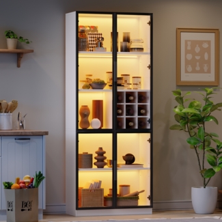 Merax 200cm Vitrine, Glasvitrine mit Glastüren mit LED, Hochschrank , Bücherschrank, Standvitrine, Weinschrank Eleganter Sideboard mit Doppeltüren, Glasregal und Weinhalterung, weiß
