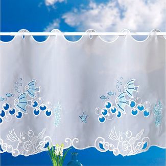 heimtexland Scheibengardine Badezimmer Deko Gardine maritim bestickt 45x112 cm (1 St), Ösen, transparent, Voile, Bistrogardine I farbige Stickerei I Fensterdeko Fisch