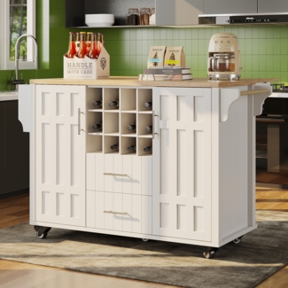 Merax Kücheninsel mit herausnehmbaren Trennwänden, Esszimmerwagen mit Arbeitsplatte, Buffetschrank, Esszimmerwagen mit Holzmaserung, seitlicher Handtuchhalter, mit Weinregal, mit Rollen, weiß