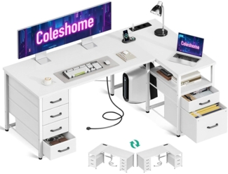 LuxusKollektion Eckschreibtisch mit Schubladen, L Form, Spanplatte Weiß, 140 x 70 cm