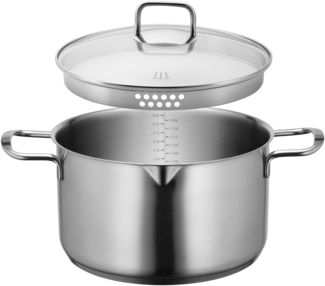 MSER Sanvito, Kochtopf 24 cm mit Glasdeckel und praktischem Ausgieer, kleiner Edelstahl Topf mit Siebdeckel und Literskala, geeignet fr Induktion, Edelstahl 18/10