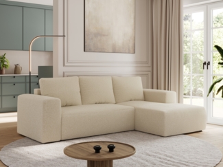 Ecksofa mit Schlaffunktion, Bettkasten und losen Kissen für das Wohnzimmer - TRENTINO - Beige Boucle - rechts