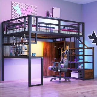 KLAM HOME Hochbett Metall-Hochbett Mit Aufbewahrungsleiter und Einfachem Kleiderschrank (140x200 cm Mit Ablage, Tisch und Netzregal) Stabiler Metallrahmen, Hochbett, Weiß