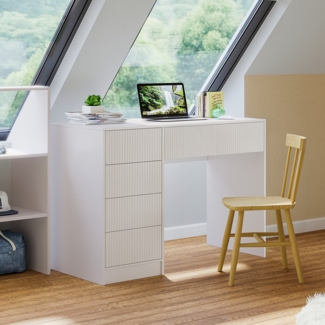 Bellamio 'Livny' Schreibtisch mit 5 Schubladen, beidseitig montierbar, weiß geriffelt, 75x53x110 cm, Computertisch mit Stauraum, Bürotisch mit Push-to-open, geeignet als Schminktisch