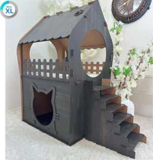 Jungengel Tierhaus Zweistöckiges Katzenhaus aus MDF – Dunkelbraun – in XL, XXL, 3XL, Werkzeugfreier Aufbau, Doppelgeschossig, Balkon, Treppe, Katzenöffnung