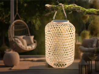 LED Solarlaterne AURE hängend aus Bambus Korbgeflecht mit Sisalseil, Höhe 56cm