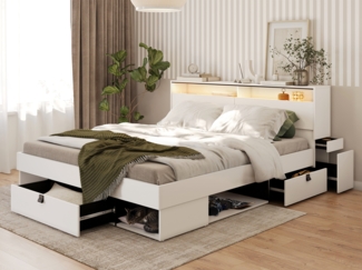 MEBLINI Funktionsbett 180x200 – SMARTEE mit Lattenrost aus Holz – Weiß/Schwarz - Schrankbett mit LED - Bett mit Stauraum - Doppelbett mit Schubladen - Stauraumbett - Bettkästen mit Aufbewahrung
