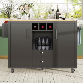 Kücheninsel mit Stauraum und klappbarer Arbeitsplatte, Küchenwagen mit Schubladen, Doppeltüren, Weinregal sowie Handtuch- & Gewürzhaltern