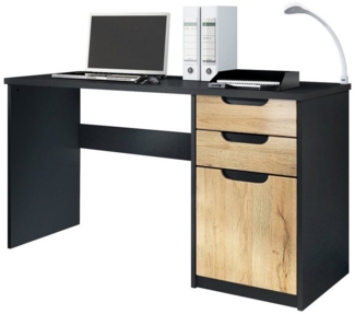 Vladon Schreibtisch Logan, Bürotisch mit 2 Schubladen und 1 Tür, Schwarz matt/Eiche Natur (129 x 76 x 60 cm)