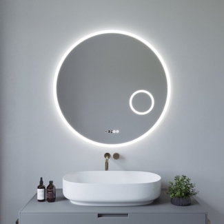 AQUABATOS Wandspiegel Badspiegel mit Beleuchtung rund Lichtspiegel Bad badezimmerspiegel, 3-fach-Vergrößerung,Kaltweiß,dimmbar,Digitaluhr,beschlagfrei