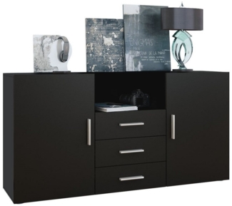 Vladon Sideboard Skadu, Kommode mit 2 Türen, 3 Schubladen und 1 offenem Fach, Schwarz matt/Schwarz matt (138,5 x 71,5 x 35 cm)