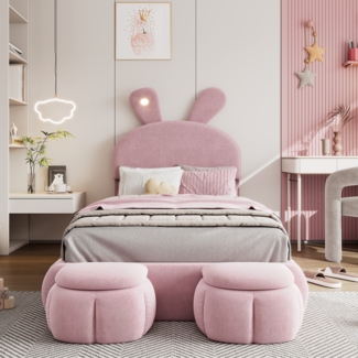 Merax Polsterbett, LED Einzelbett 90x200cm mit Hasenohren Kopfteil und 2 Stauraumhockern, rosa