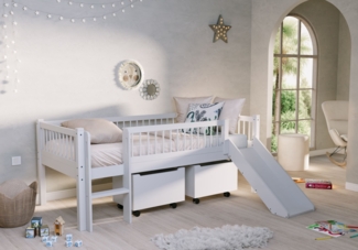 FORREST Buche Junior-Spielbett 90x200 cm, inkl. Lattenrost, Leiter, 2 Rollboxen und Rutsche, Ausf. Buche massiv weiß lackiert