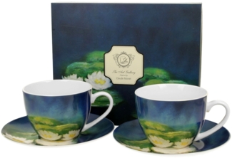 DUO ART GALLERY 2er-Set Tassen 250 ml NENUFARS mit Untertassen, New Bone China Porzellan