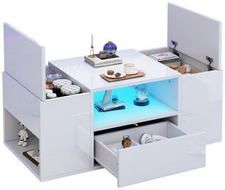KLAM HOME Couchtisch Moderner Couchtisch Mit LED Beleuchtung Und Mehreren Staufächern (Hochglanz Wohnzimmertisch Mit 6 Fächern 2 Schränken Und Schublade), Multifunktionaler Beistelltisch 100x50x40 Cm In Schwarz