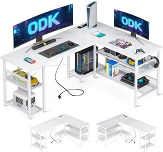 ODK Gaming Schreibtisch L-Form Weiß mit Großem Stauraum 150×102cm