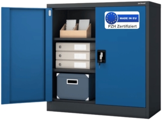 Aktenschrank abschließbar KADO - 3 Ebenen verstellbar, Flügeltüren | Metallschrank Werkstatt Mehrzweckschrank Büroschrank aus Stahl Werkzeugschrank, 93x90x40cm Anthrazit-Blau
