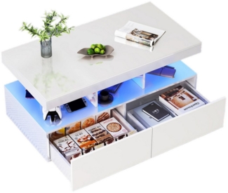 FUROKOY Couchtisch Modern Wohnzimmertisch Hochglanz mit LED Beleuchtung (Set, 1-St, Beistelltisch mit 2 Schubladen und Offenem Ausstellungsregal), Sofatisch Kaffeetisch, 104 x 53 x 46cm, Weiß
