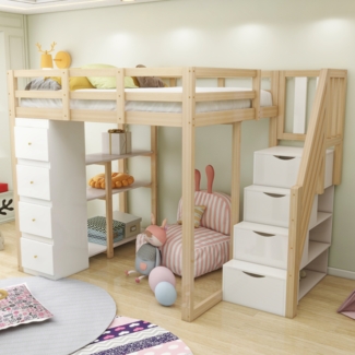 Kinder Hochbett aus Massivholz 140x200 cm mit Sicherheitsleiter, Schubladen & Regal – Stauraumbett, Jugendzimmer, weiß & natur