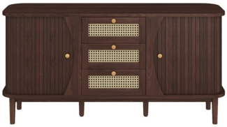 IDEASY Sideboard Rustikales Sideboard, Aufbewahrungsschrank, Kommode, 140.5 x 40 x 76 cm, Holz und Rattan Design, 3 Schubladen, 2 Türen, abgerundete Kanten