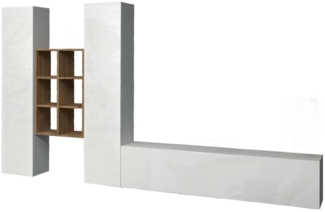 Dmora Ausgestattete Wand Acuto, 3-türiges TV-Ständer-Wohnzimmerset, Mehrzweck-Wohnzimmermöbel, 100 % Made in Italy, 320 x 30 x 180 cm, glänzendes Weiß und Ahorn,