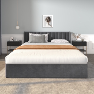 Polsterbett 180x200 cm Samt mit Lattenrost und 2 Schubladen, hohes Kopfteil, Grau