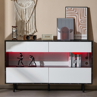 Merax 150 x 35 x 89,5cm Sideboard in schwarzem Marmor-Design mit offenem Stauraum, 4 Schubladen und LED-Beleuchtung