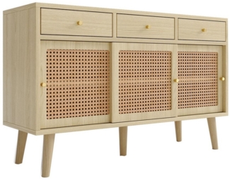 Rutaqian Sideboard Sideboard, Kommode mit 3 Schubladen und 3 Schiebetüren,120x 40x78cm (Rattangeflecht auf den Türfronten, Beine aus massivem Holz), Golden Metall Bügelgriff,verstellbare Ablagen