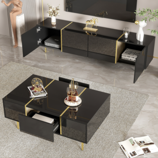 Wohnzimmermöbel Set TV-Schrank und Couchtisch Schwarz Hochglanz mit Gold Details Stauraum modern Soft-Close Design