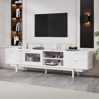 Merax 200cm Lowboard Mit 2 Türen und 2 Schubladen,TV-Ständer mit großem Stauraum, Wohnraumschrank, Geeignet für 80-Zoll, Weiß