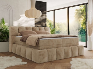 Boxspringbett NIRA KING, Doppelbett mit Fußteil, 7-Zonen Multipocket-Matratzen und Topper, Schlafzimmerbett - 140 x 200 cm - Beige Plüsch - H4