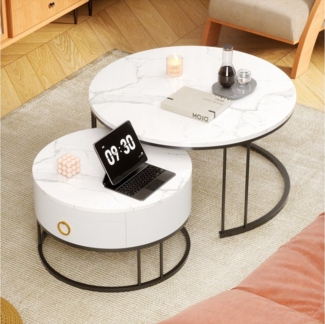 HAUSS SPOLE Couchtisch Satztisch Beistelltisch stapelbarer Sofatisch, mit Schubladen,Schiefer (aus robustem Schiefer und Metallbeinen), Weiß und Schwarz